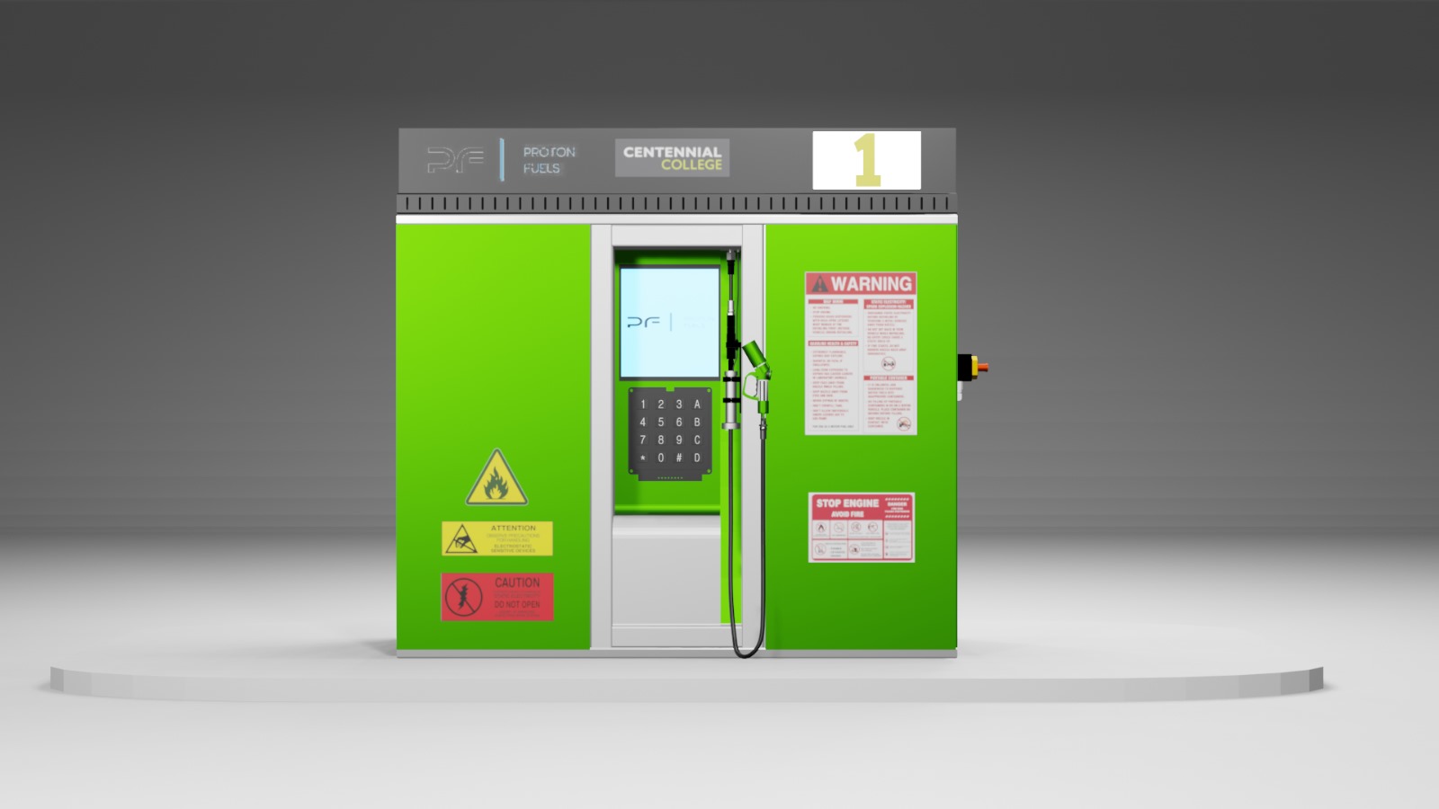 Storage frame with cylinders, touchscreen, keypad and nozzle